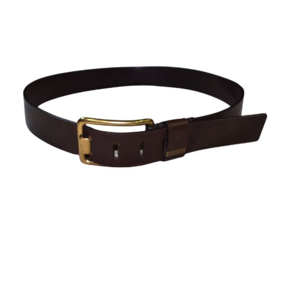 Calvin Klein Womens Brown Leather Belt Size 34 Large Gold Buckle - Picture 1 of 9